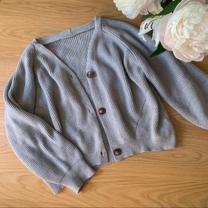 Grey Cropped Knit Oversized Lantern Sleeve Button Cardigan Sweater